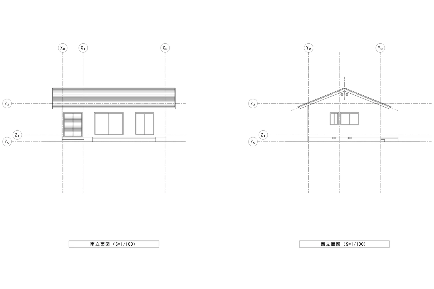 実践編のPROJECT 02で作図する、木造平家住宅の南立面図と西立面図