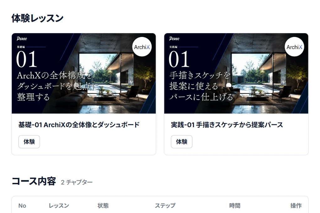 ArchiXコースのコース画面の体験レッスンの一覧