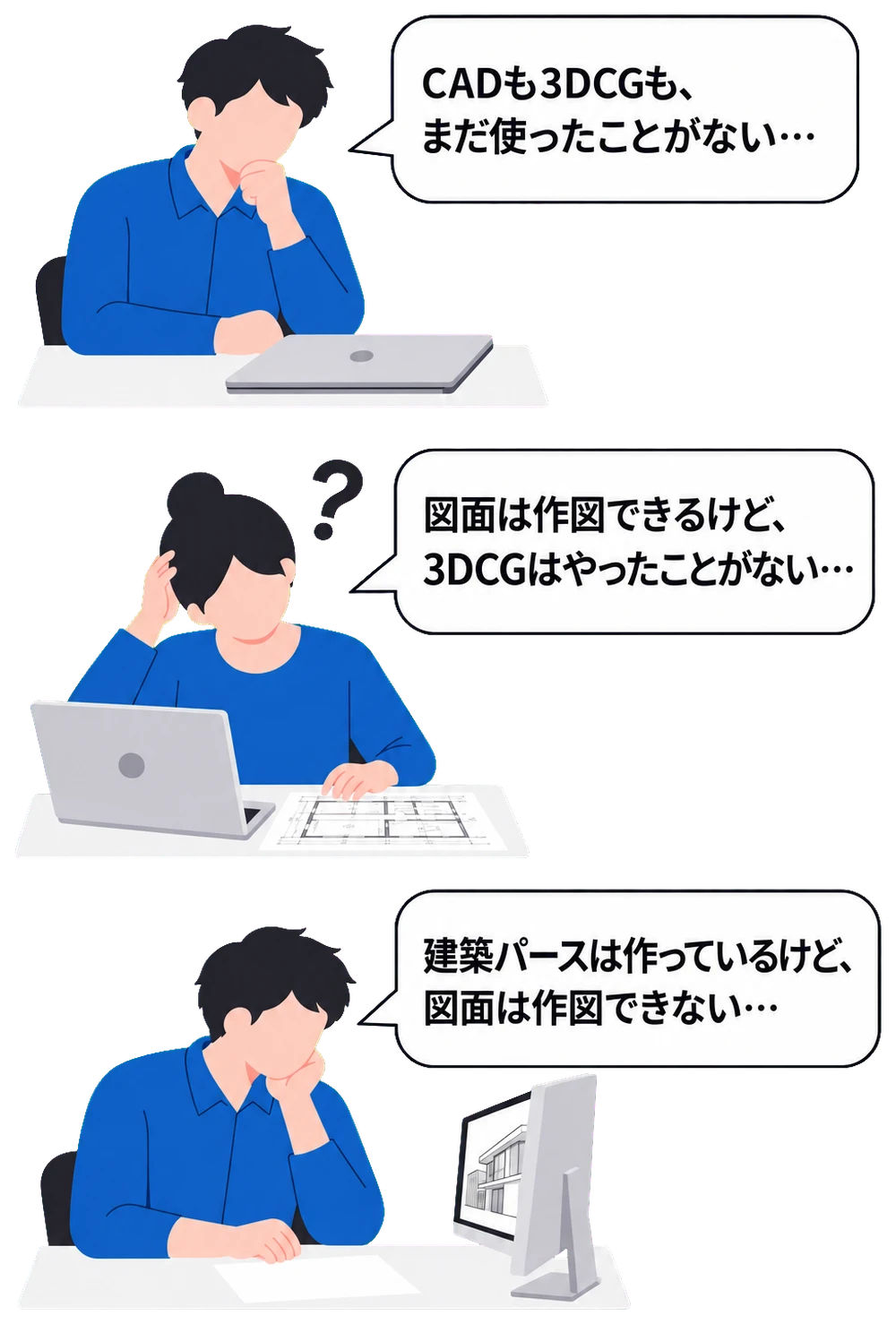 CADも3DCGも、まだ使ったことがない…。図面は作図できるけど、3DCGはやったことがない…。建築パースは作っているけど、図面は作図できない…。